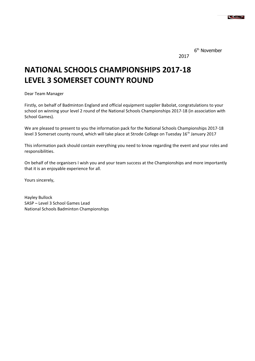 National Schools Championships 2017-18 Level 3 Somersetcounty Round