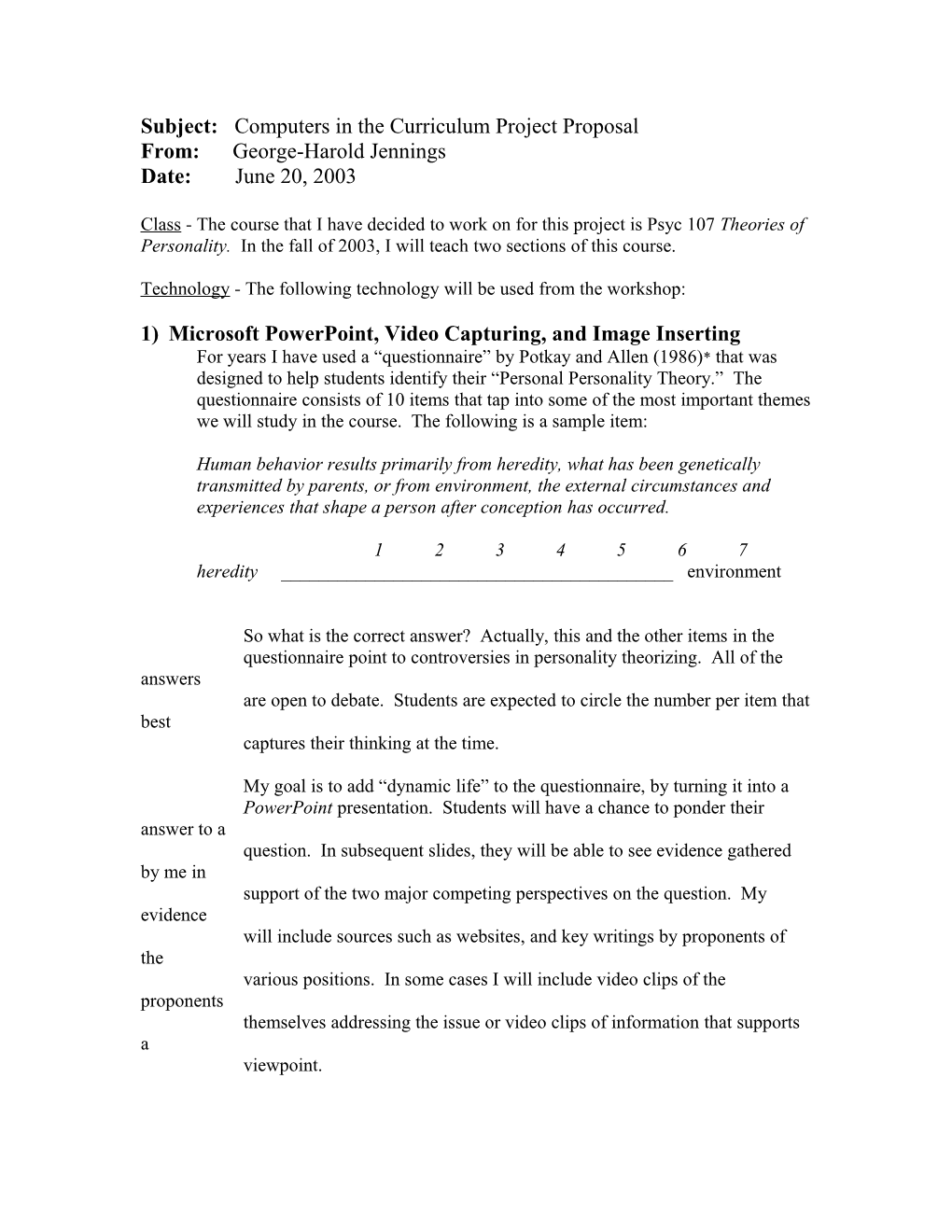 Subject: Computers in the Curriculum Project Proposal