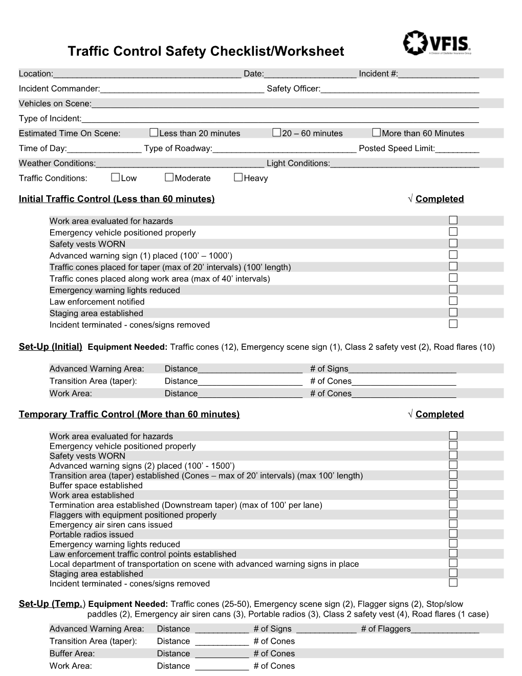 Traffic Control Safety Checklist/Worksheet