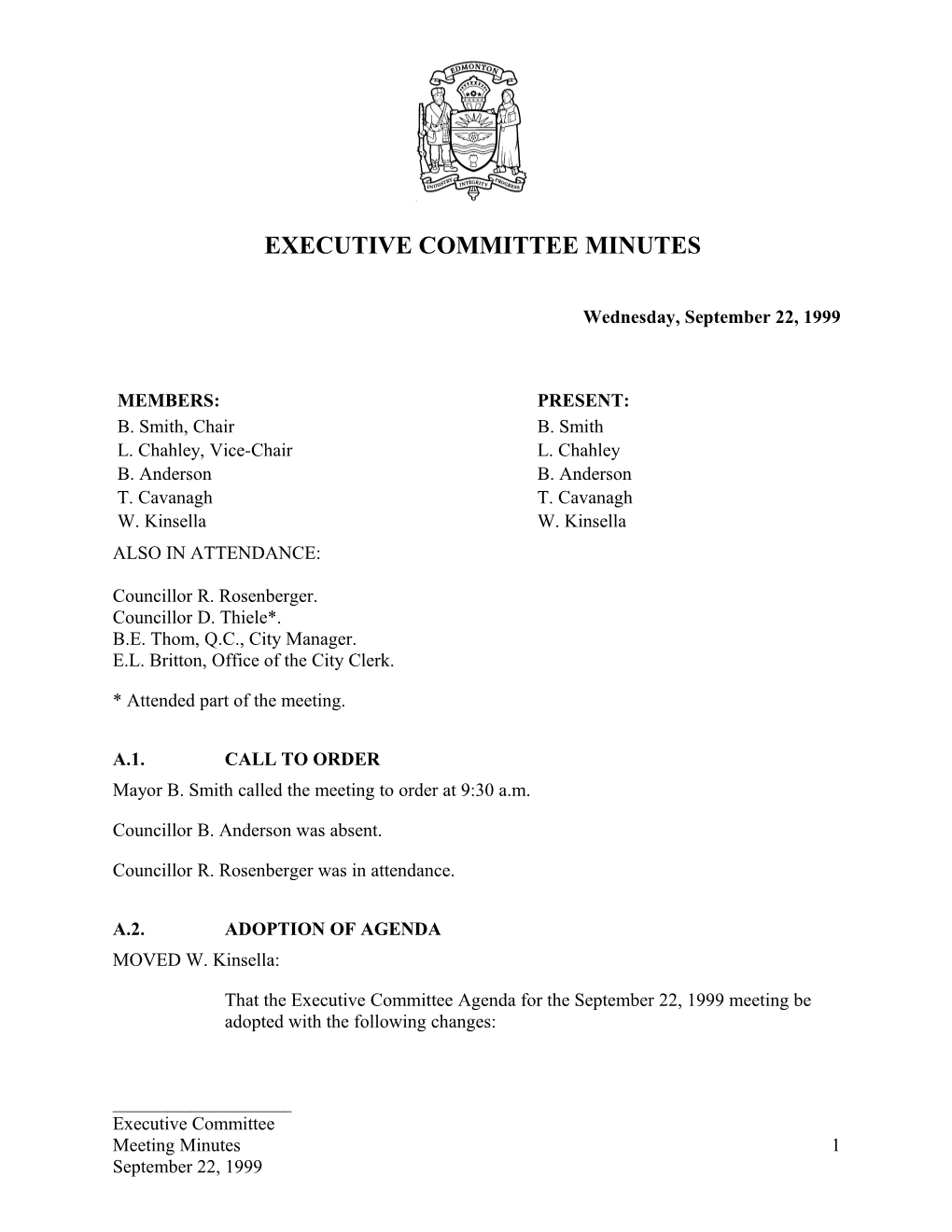 Minutes for Executive Committee September 22, 1999 Meeting