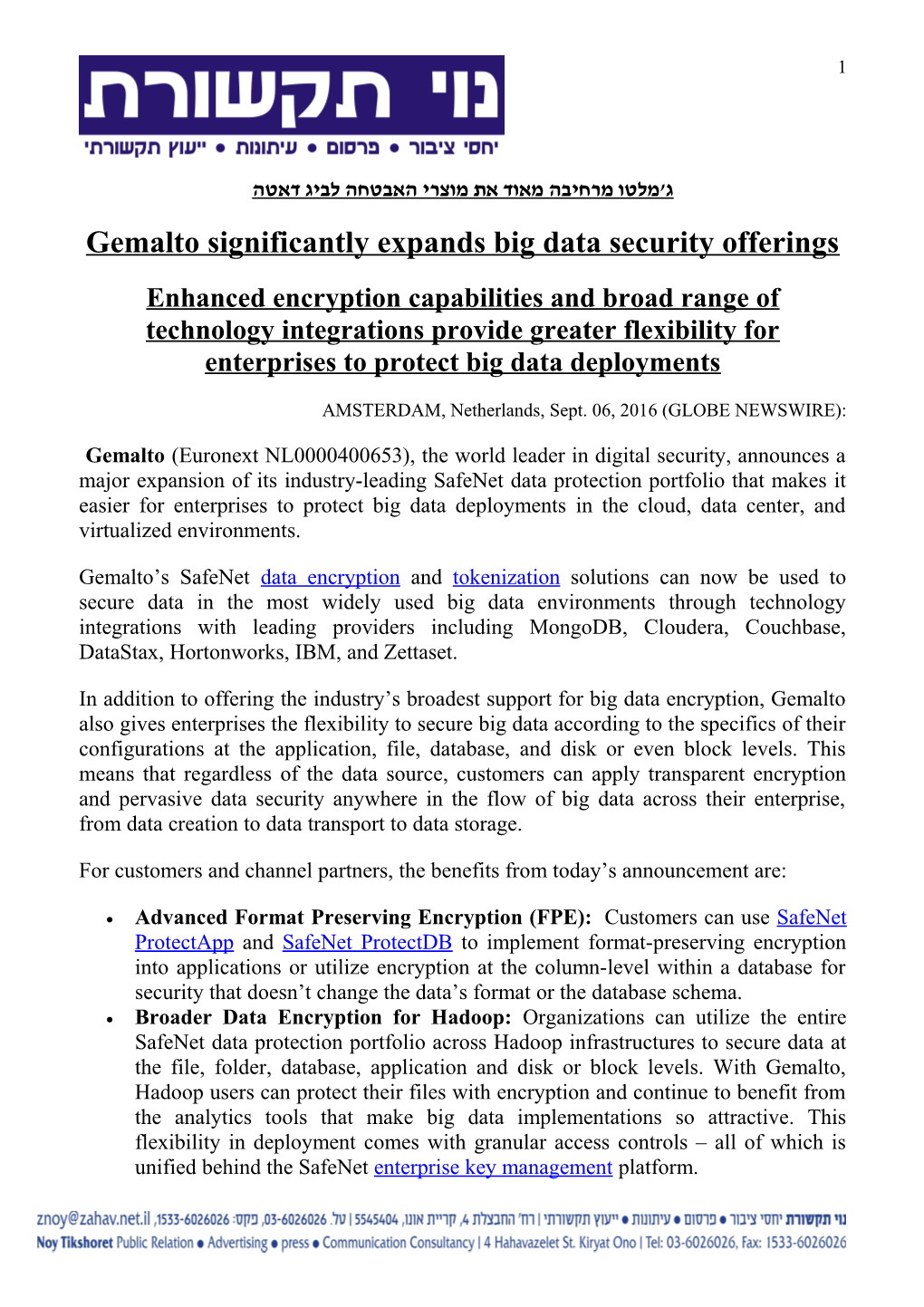 Gemalto Significantly Expands Big Data Security Offerings