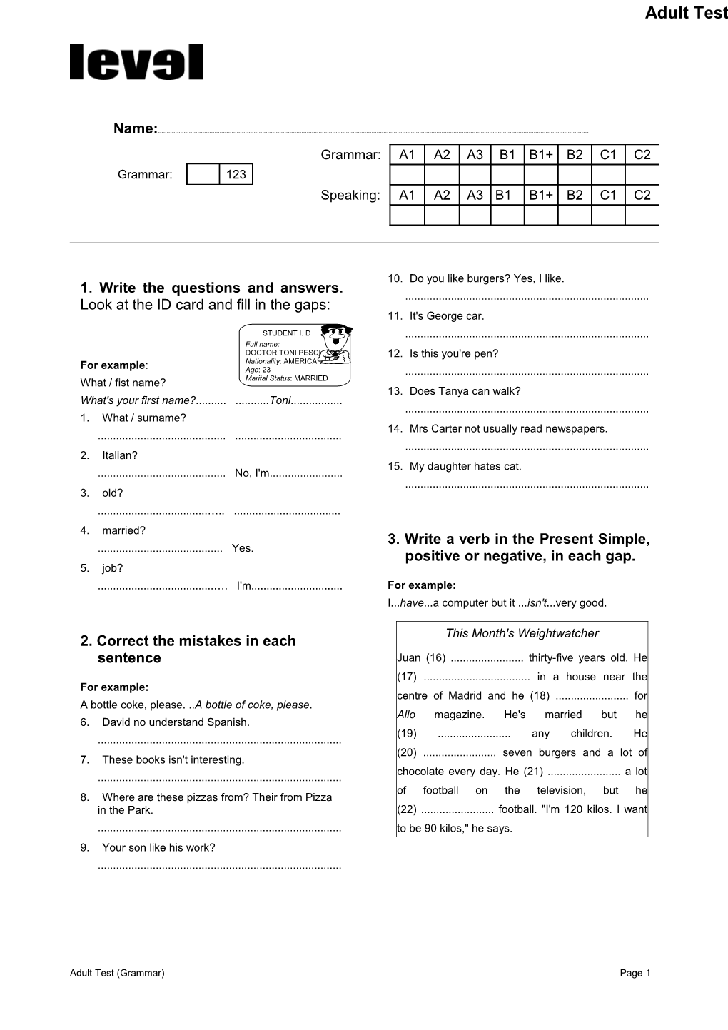 Adult Test (Grammar)Page 1