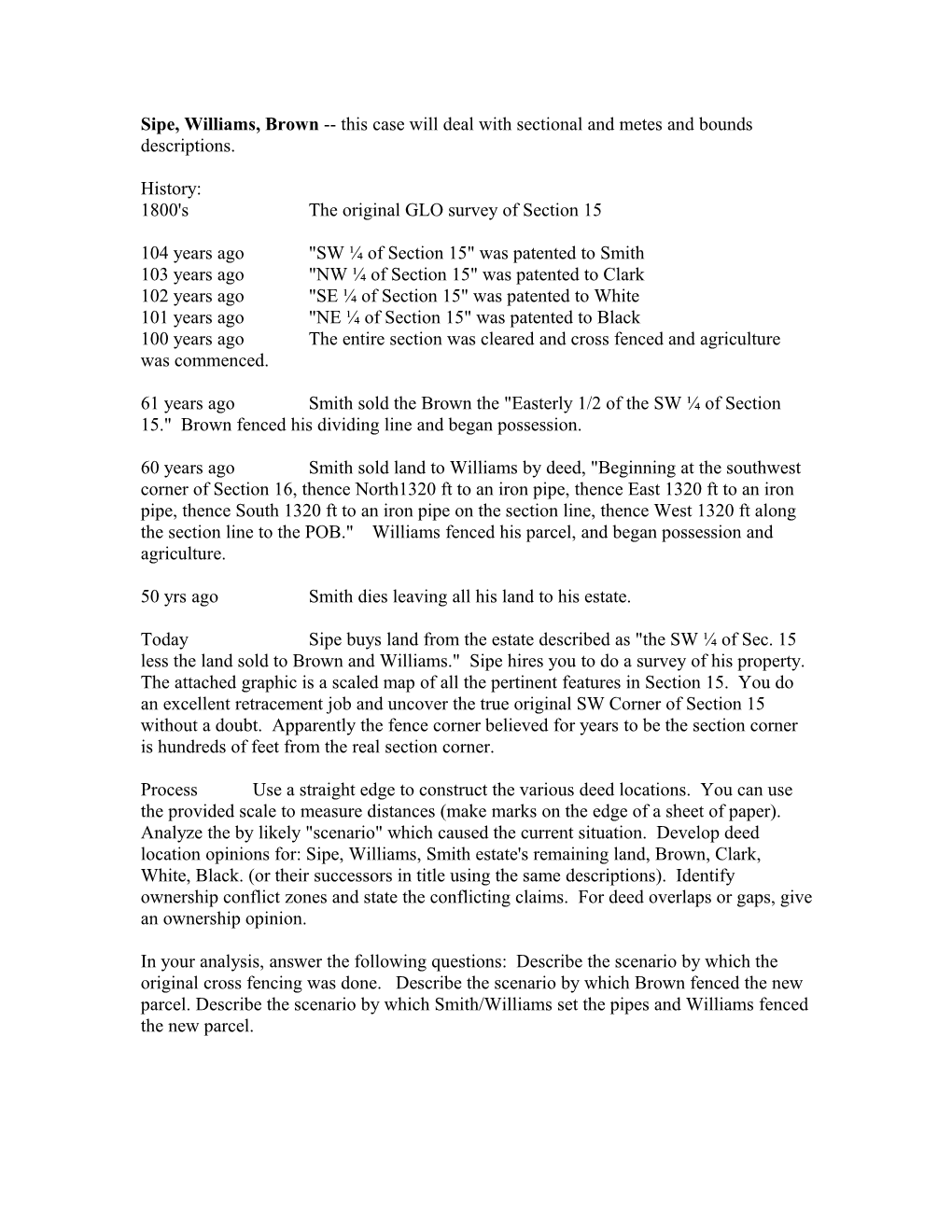 Case: Sipe, Williams, Brown This Case Will Deal with Sectional and Metes and Bounds Descriptions