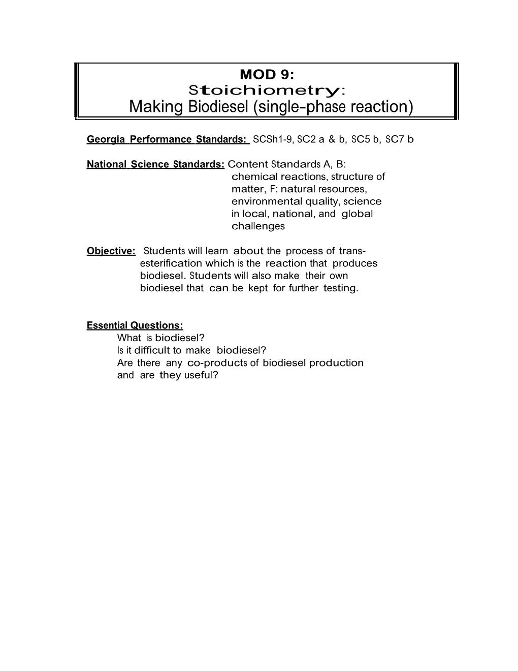 Biodiesel Lessons and Labs