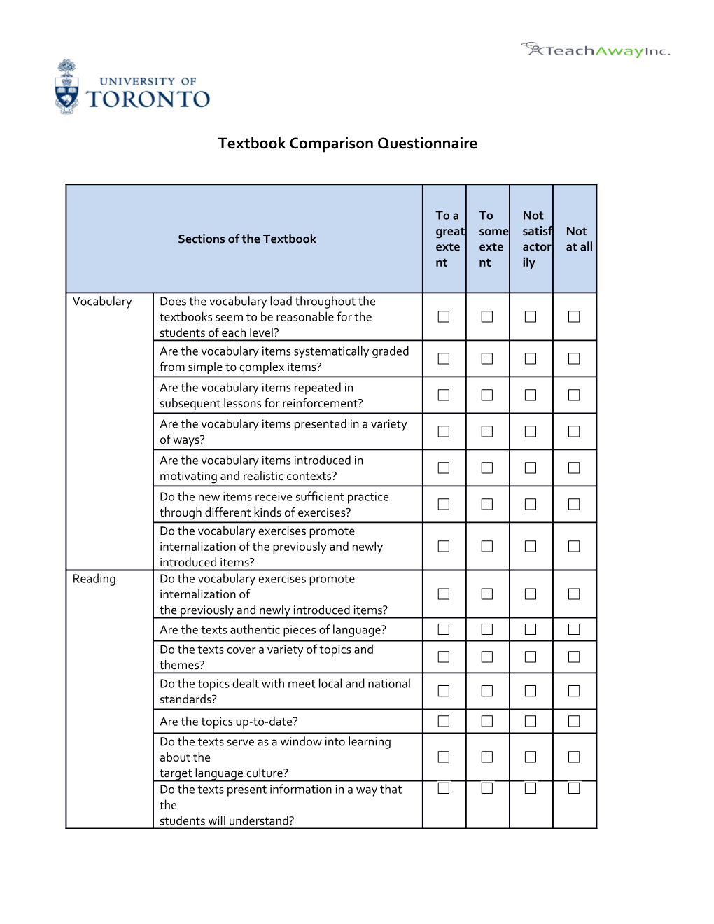 Textbook Comparison Questionnaire