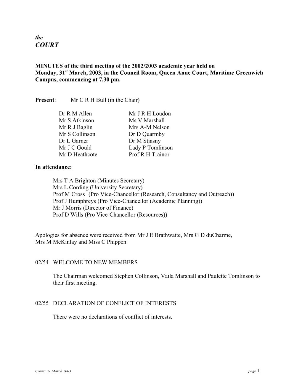 MINUTES of the Third Meeting of the 2002/2003 Academic Year Held On