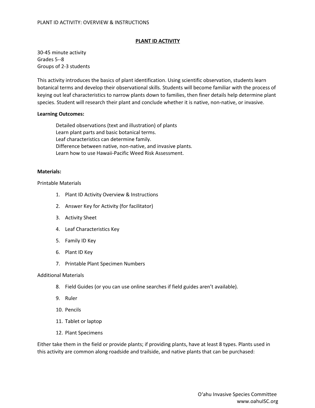 Plant Id Activity: Overview & Instructions