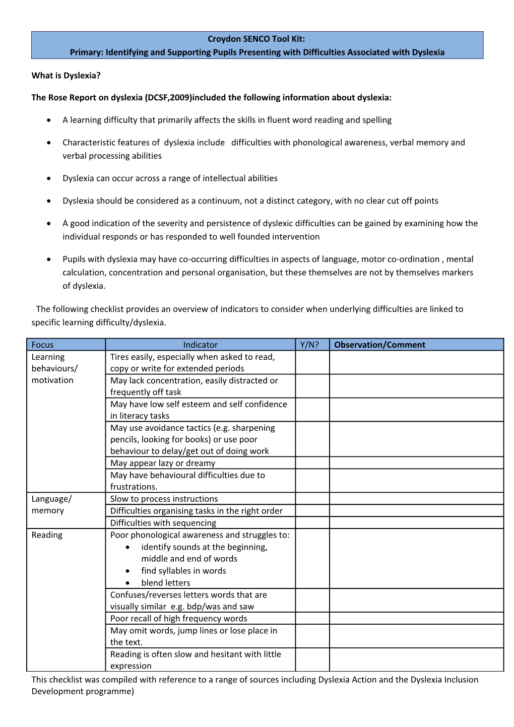 The Rose Report on Dyslexia (DCSF,2009)Included the Following Information About Dyslexia