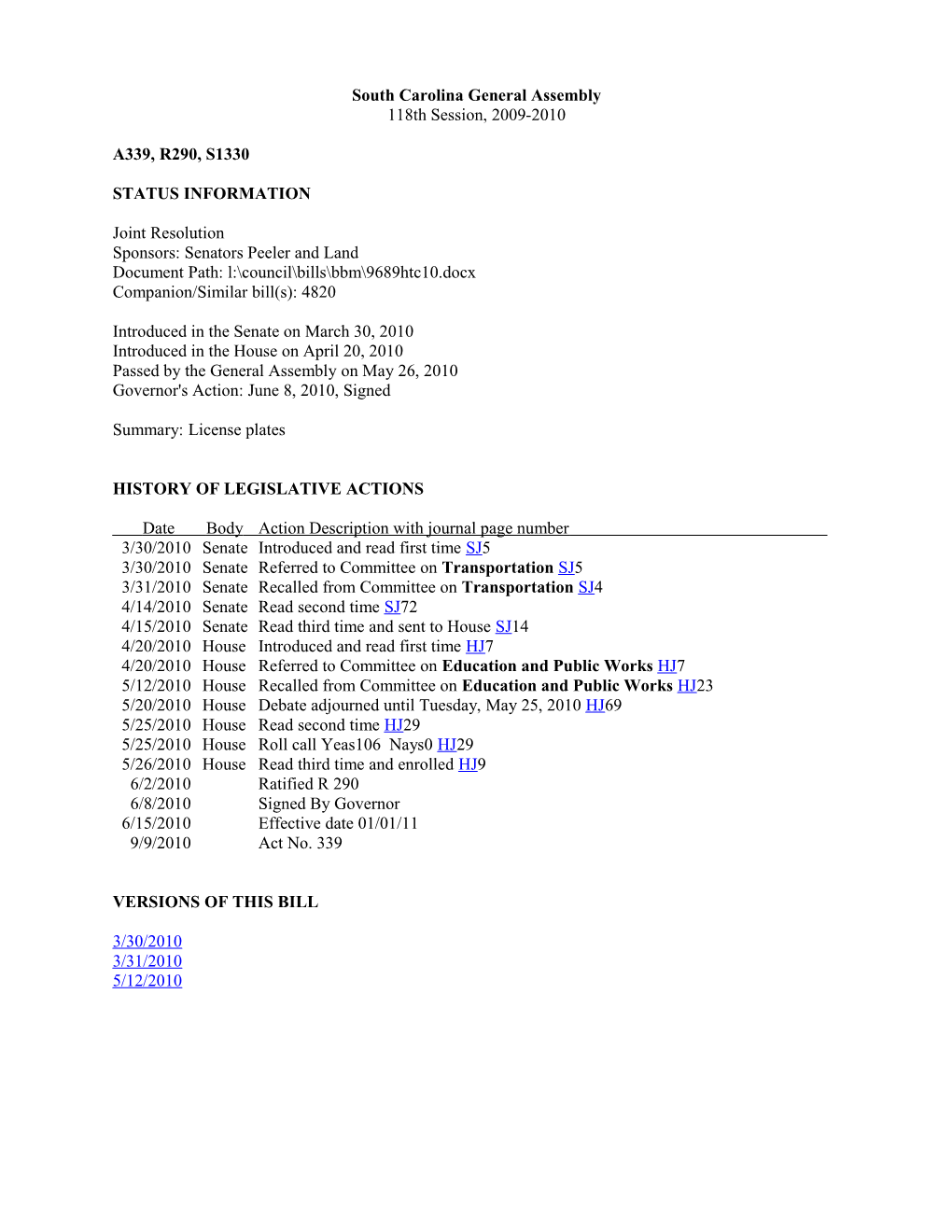 2009-2010 Bill 1330: License Plates - South Carolina Legislature Online