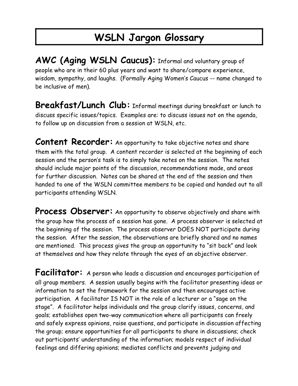 WSLN Jargon Glossary