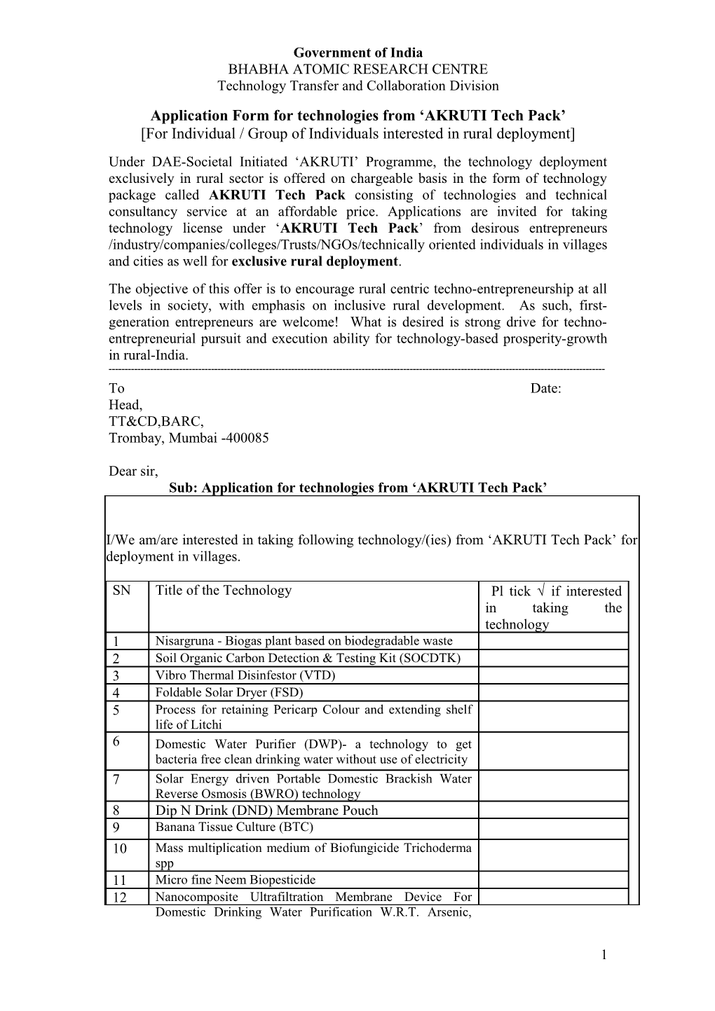 Application Form for Technologies from AKRUTI Tech Pack