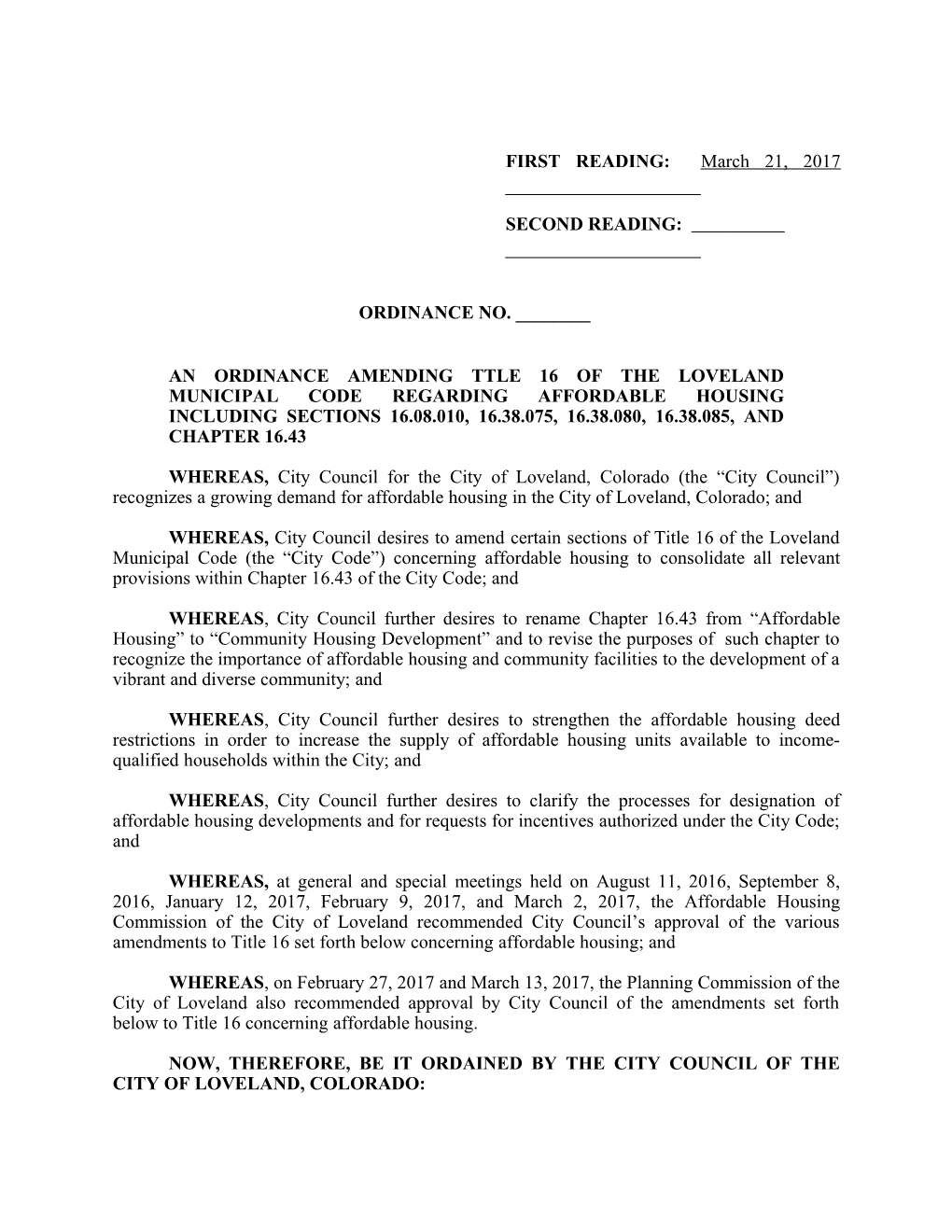 An Ordinance Amending Ttle 16 of the Loveland Municipal Code Regarding Affordable