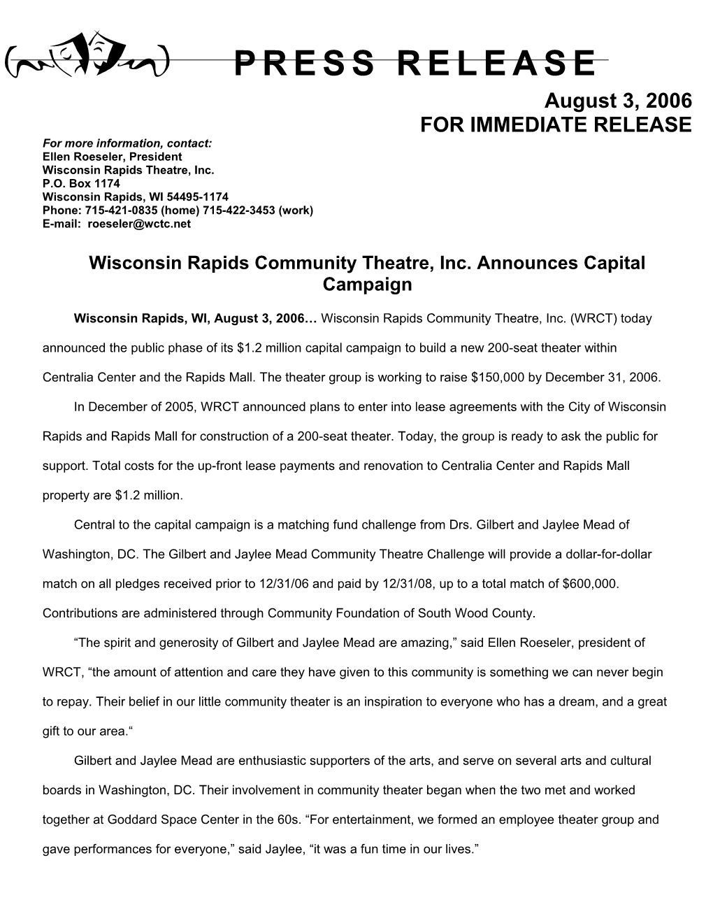 Wisconsin Rapids Community Theatre Announces Agreement with City to Build a New Theatre