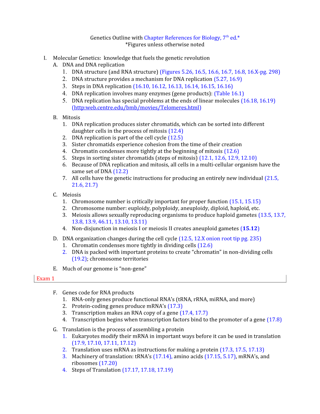 Genetics Outline with Chapter References for Biology, 7Th Ed.*