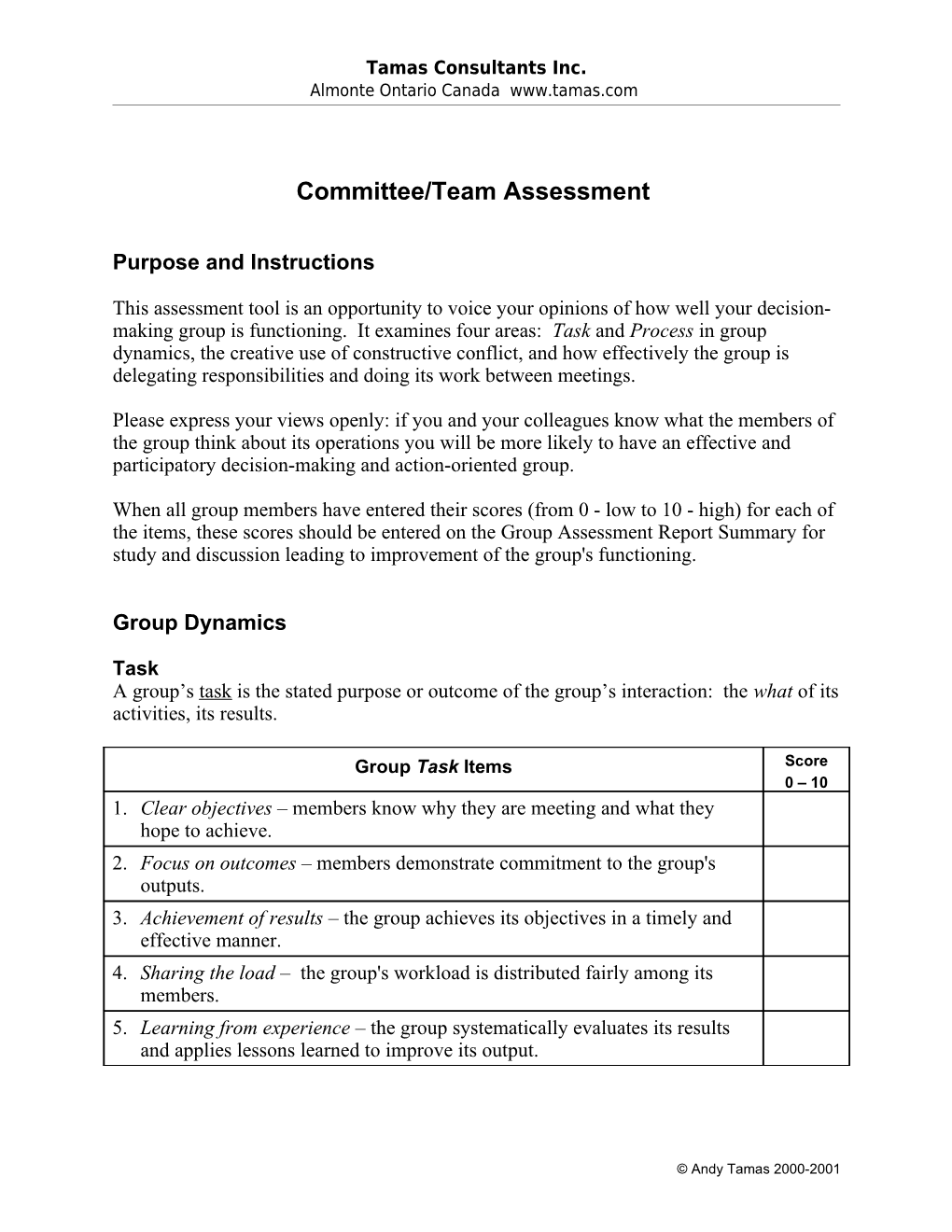 Committee/Team Assessment Tamas Consultants Inc. 2000-2001 2