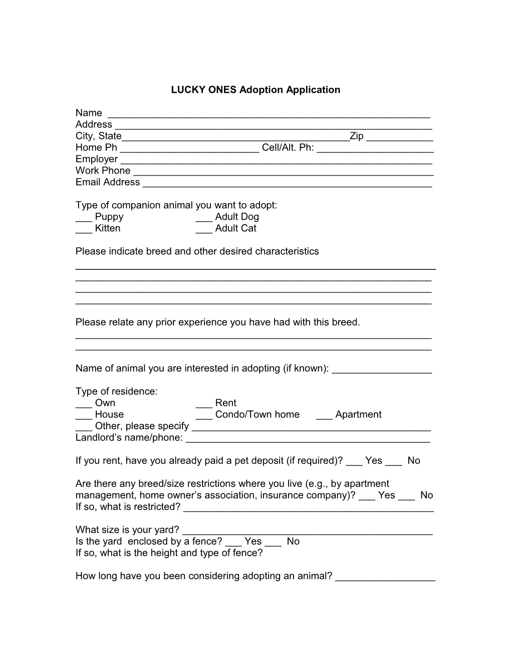LUCKY ONES Adoption Application