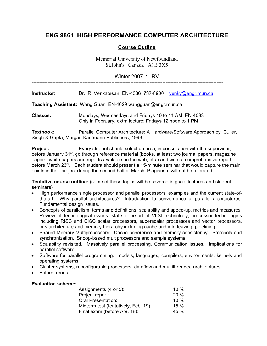 Eng 9861 High Performance Computer Architecture