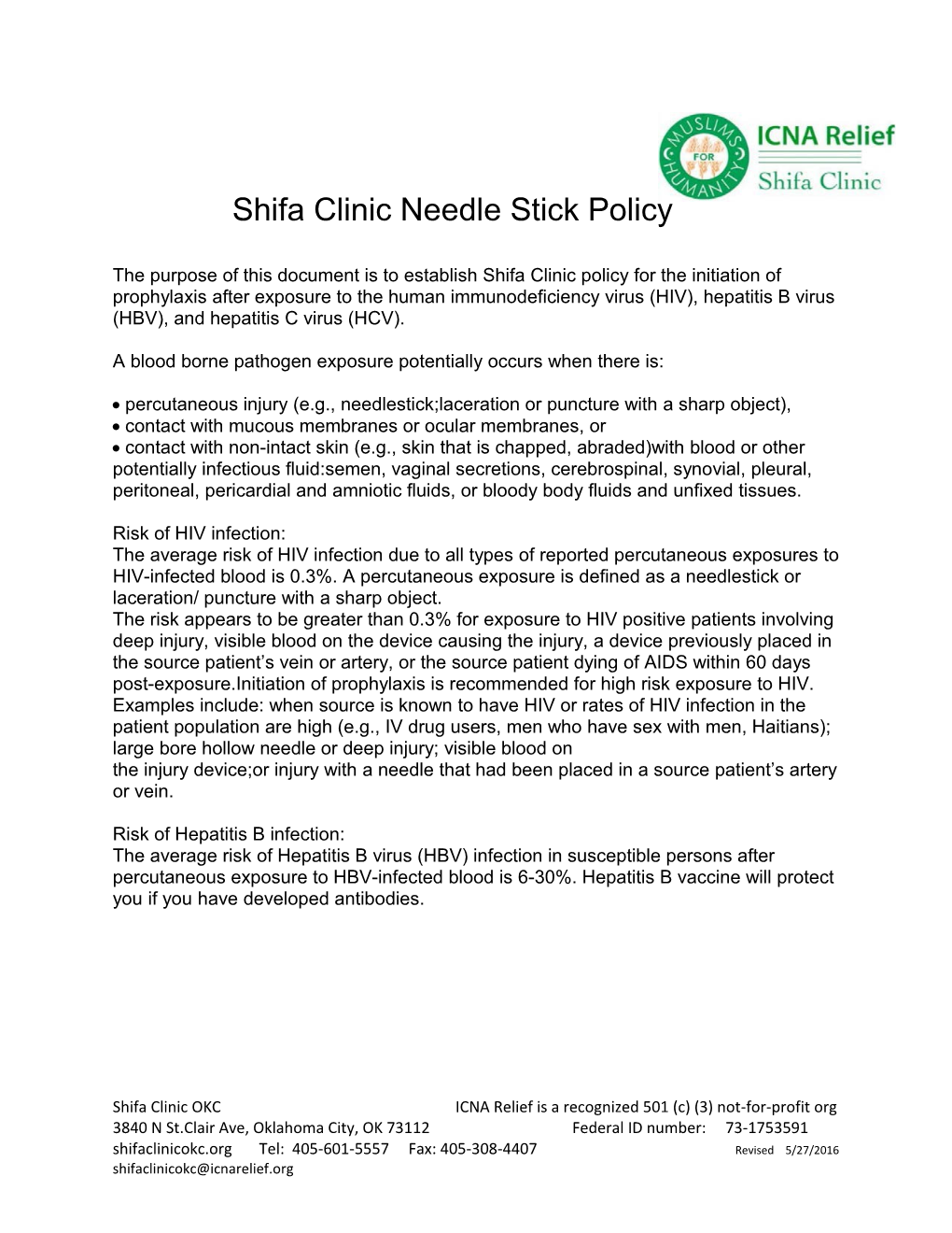 Shifa Clinic Needle Stick Policy