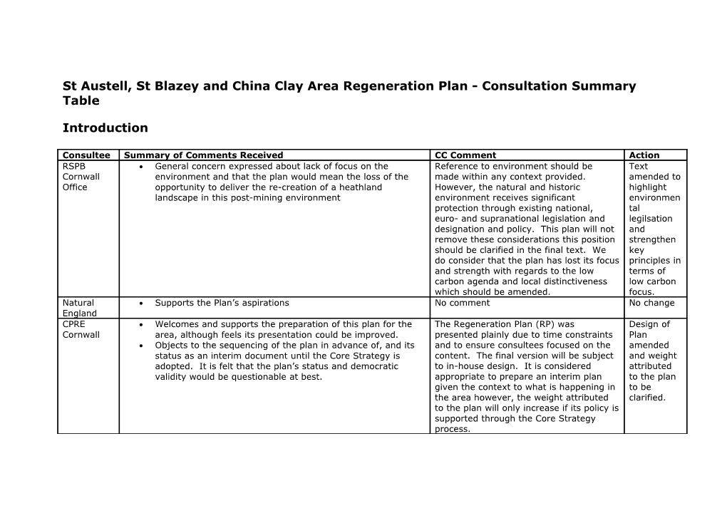 St Austell, St Blazey and China Clay Area Regeneration Plan - Consultation Summary Table
