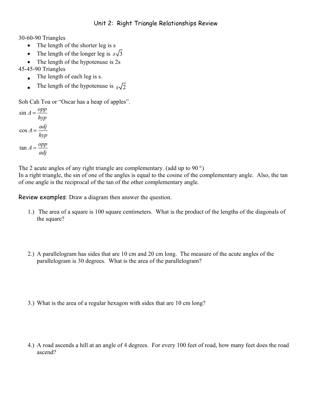 Unit 2: Right Triangle Relationships