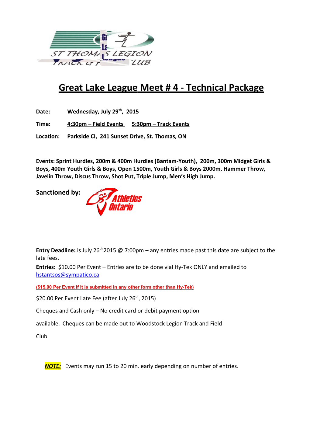 Great Lake League Meet # 3 Technical Package