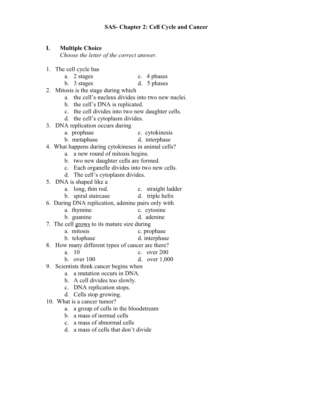 SAS- Chapter 2: Cell Cycle and Cancer