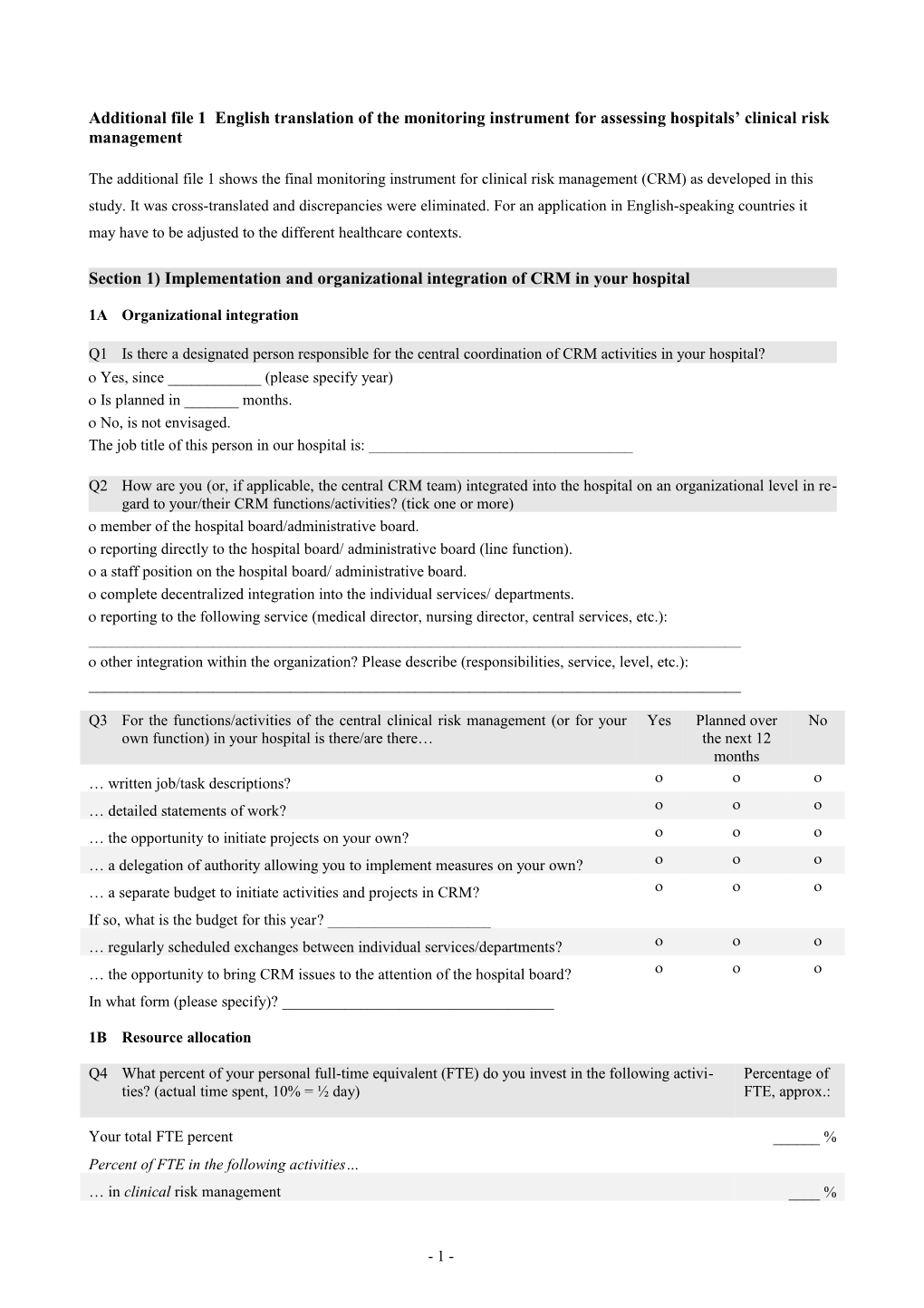 Erhebungsinventar Risikomanagement in Schweizer Spitälern