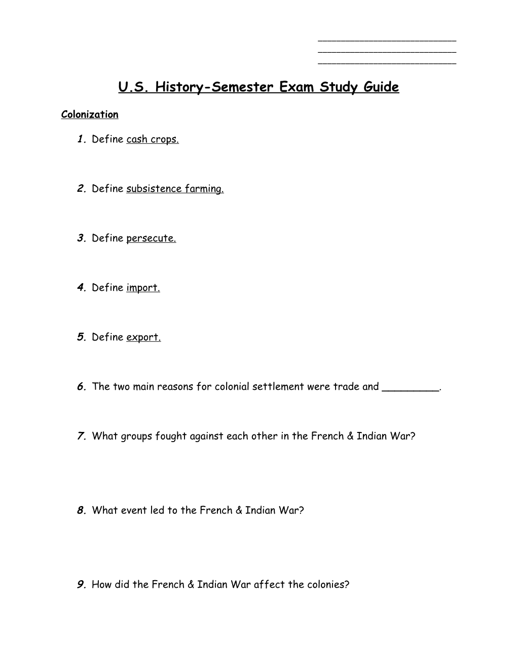 U.S. History-Semester Exam Study Guide