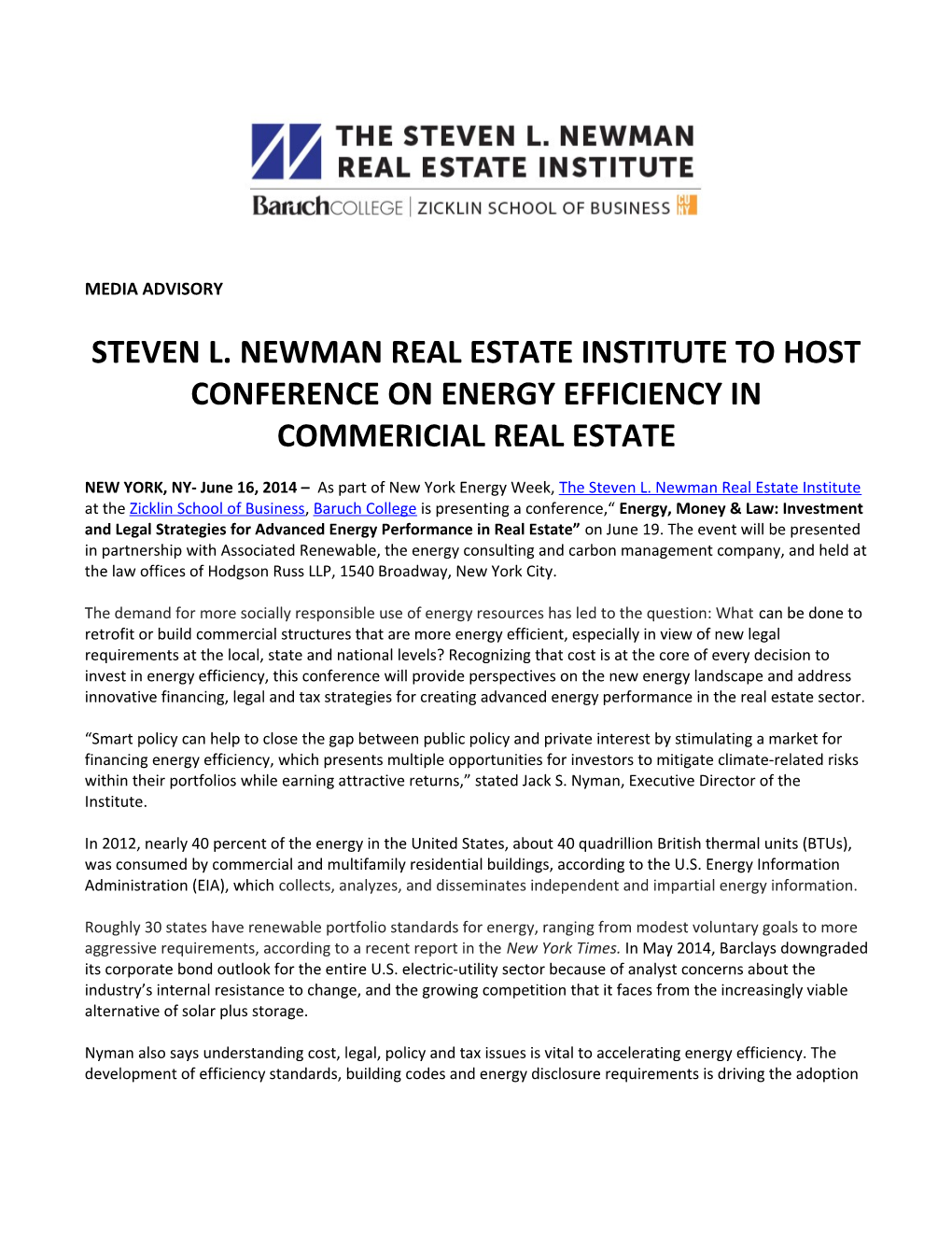 Steven L. Newman Real Estate Institute to Host Conference on Energy Efficiency in Commericial