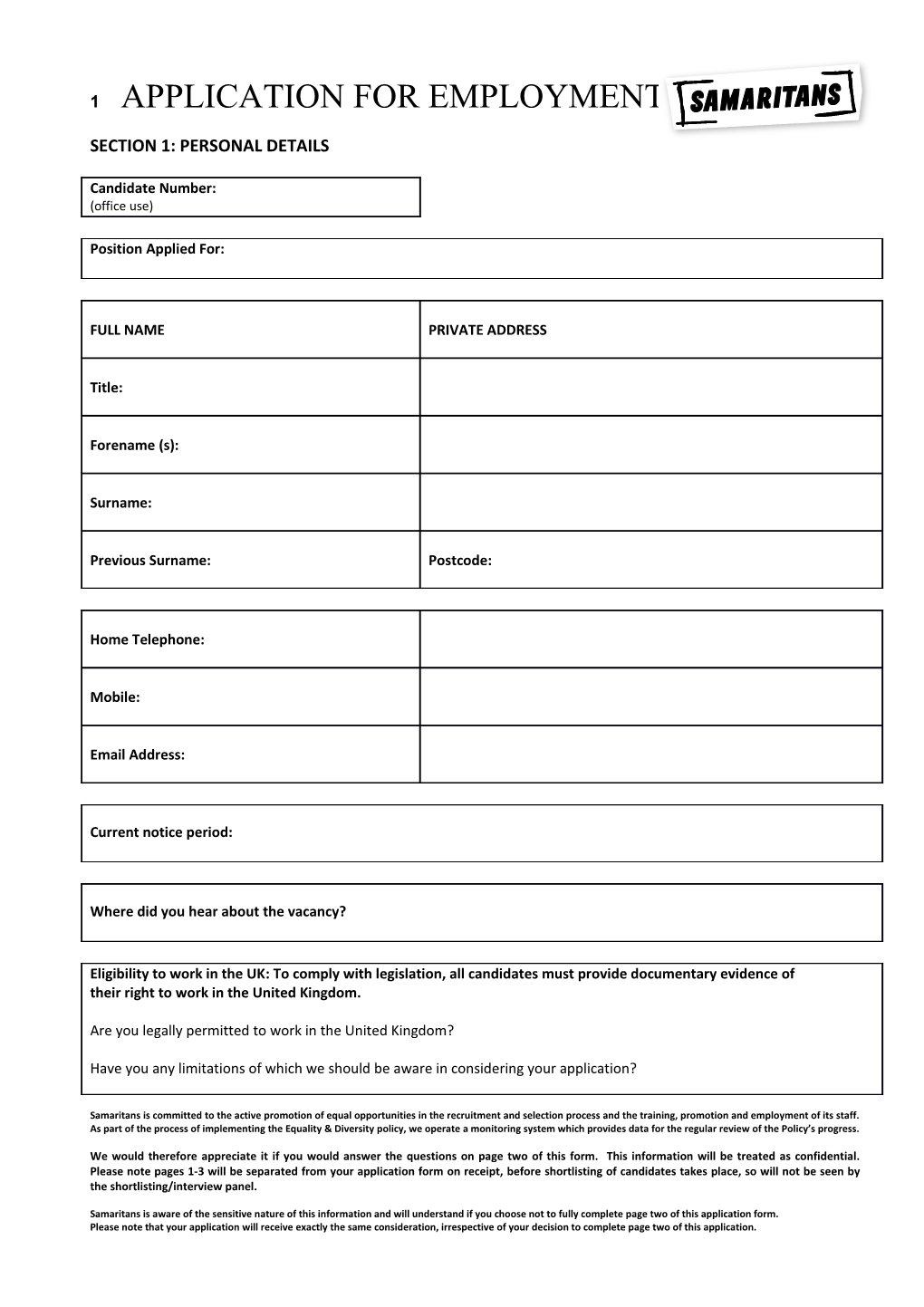 Samaritans Application Form