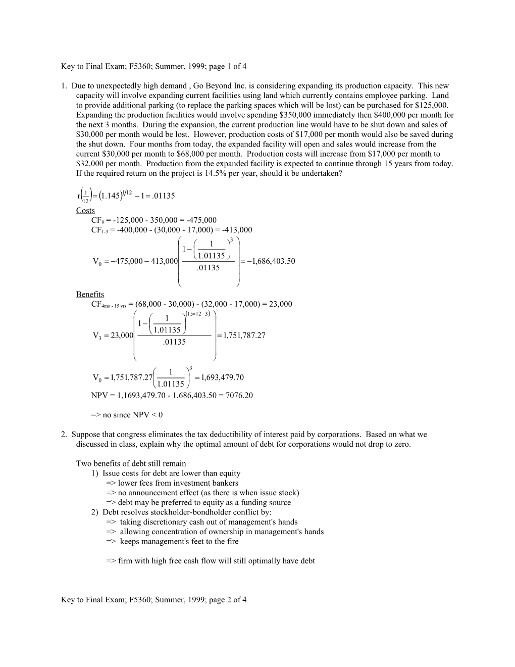 Key to Final Exam; F5360; Summer, 1999; Page 1 of 4