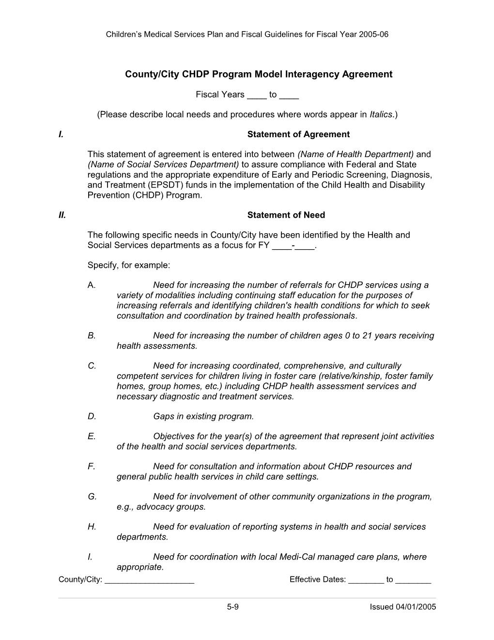 County/City CHDP Program Model Interagency Agreement