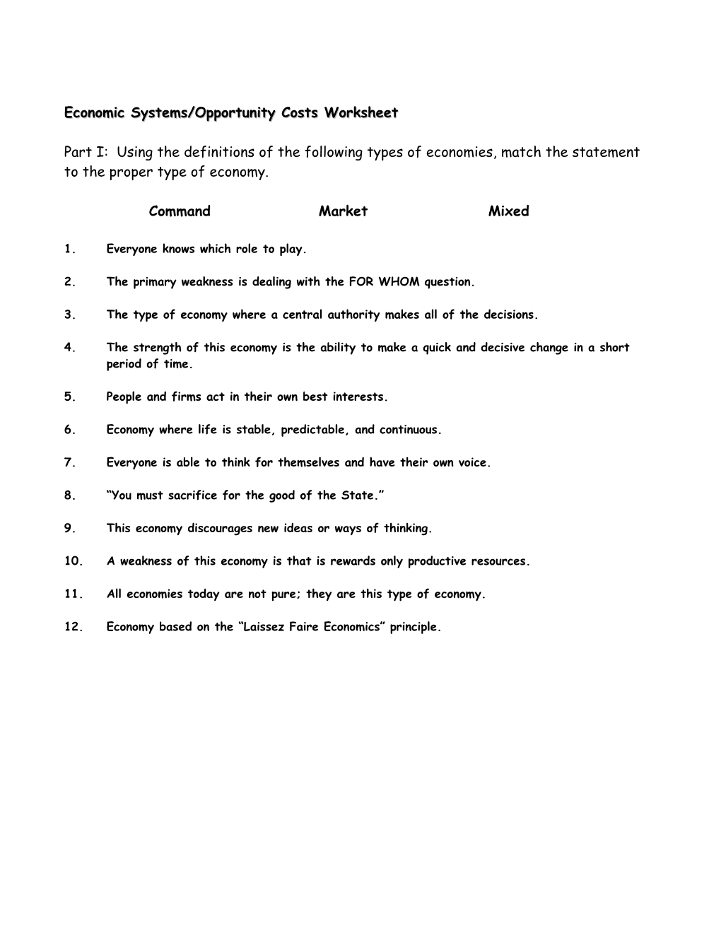 Economic Systems/Opportunity Costs Worksheet