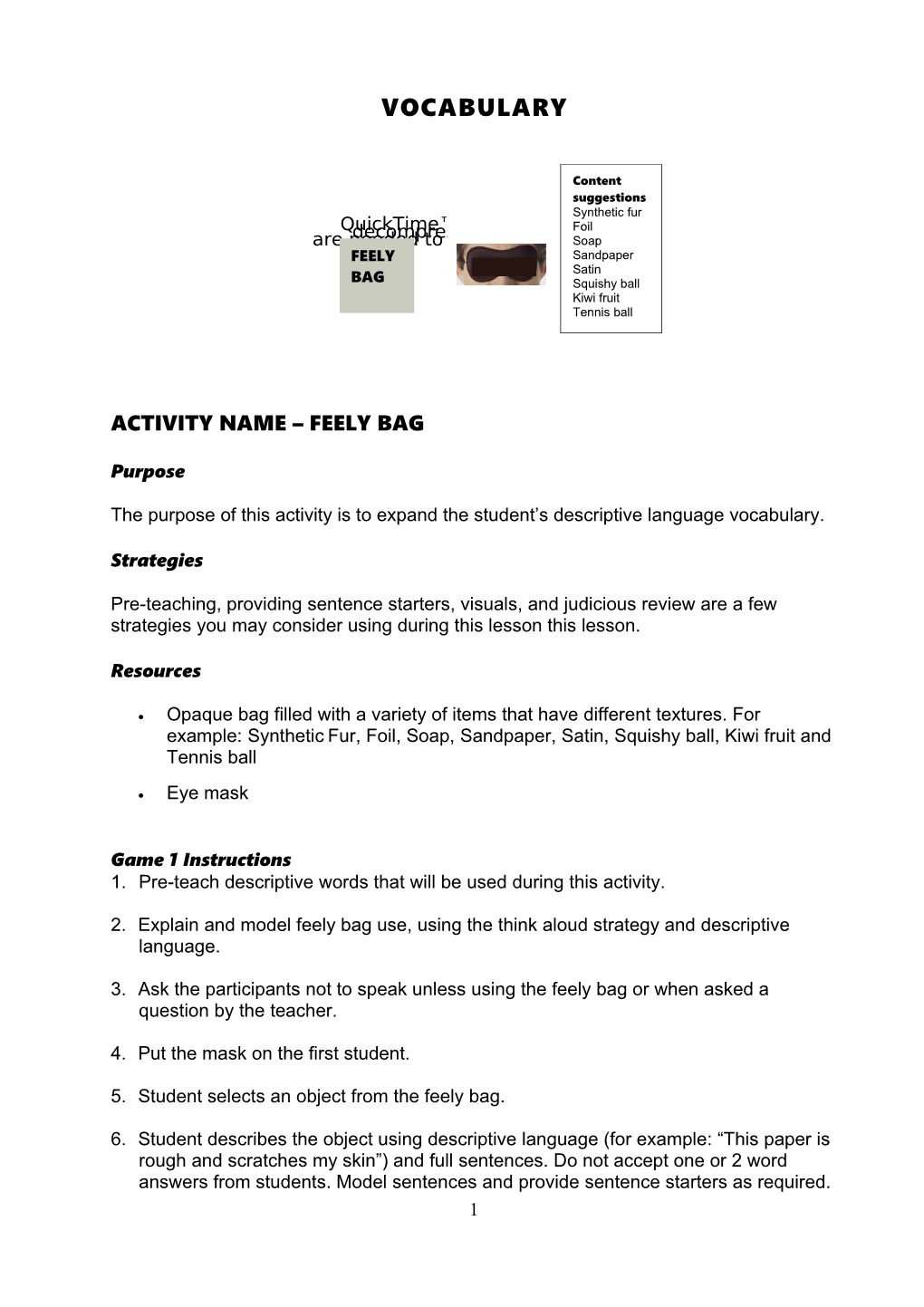 Activity Name FEELY BAG