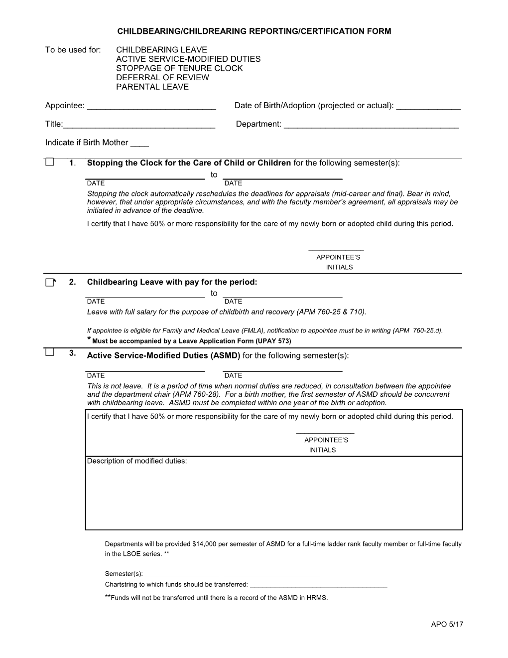 Childbearing/Childrearing Reporting/Certification Form