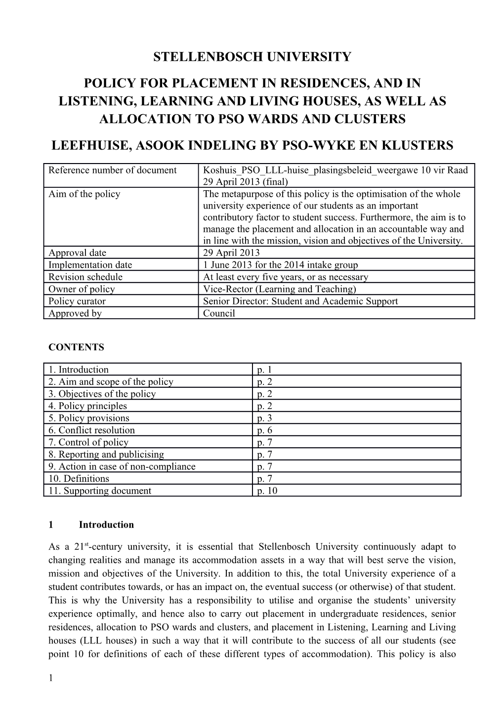 Leefhuise, Asook Indeling by Pso-Wyke En Klusters