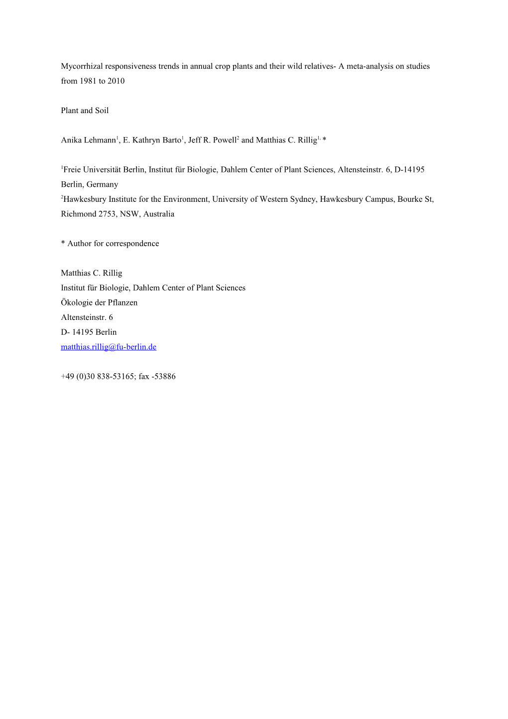 Mycorrhizal Responsiveness Trends in Annual Crop Plants and Their Wild Relatives- A