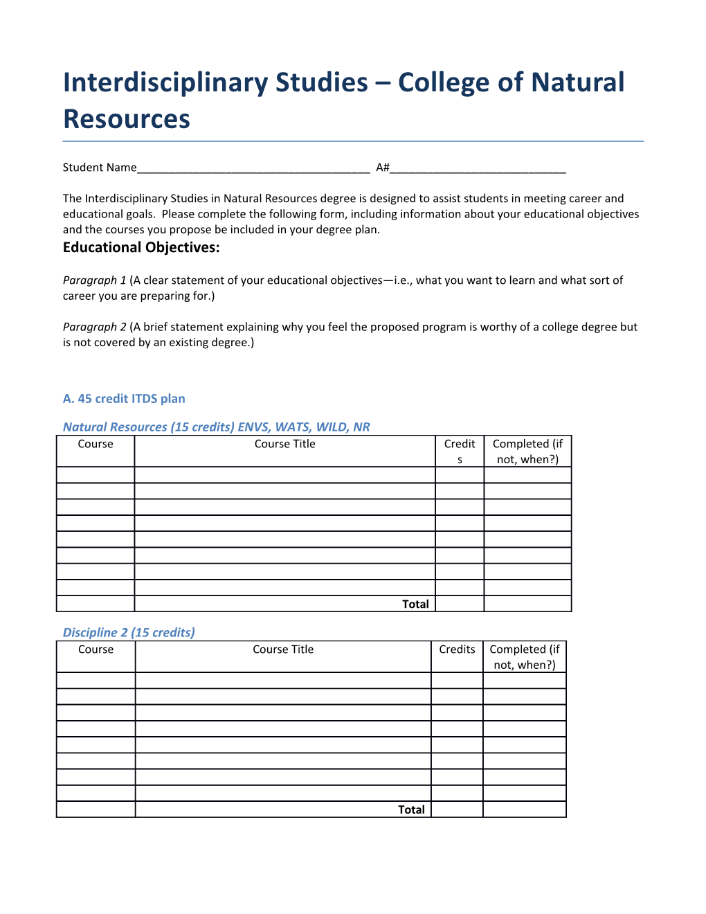 Interdisciplinary Studies College of Natural Resources