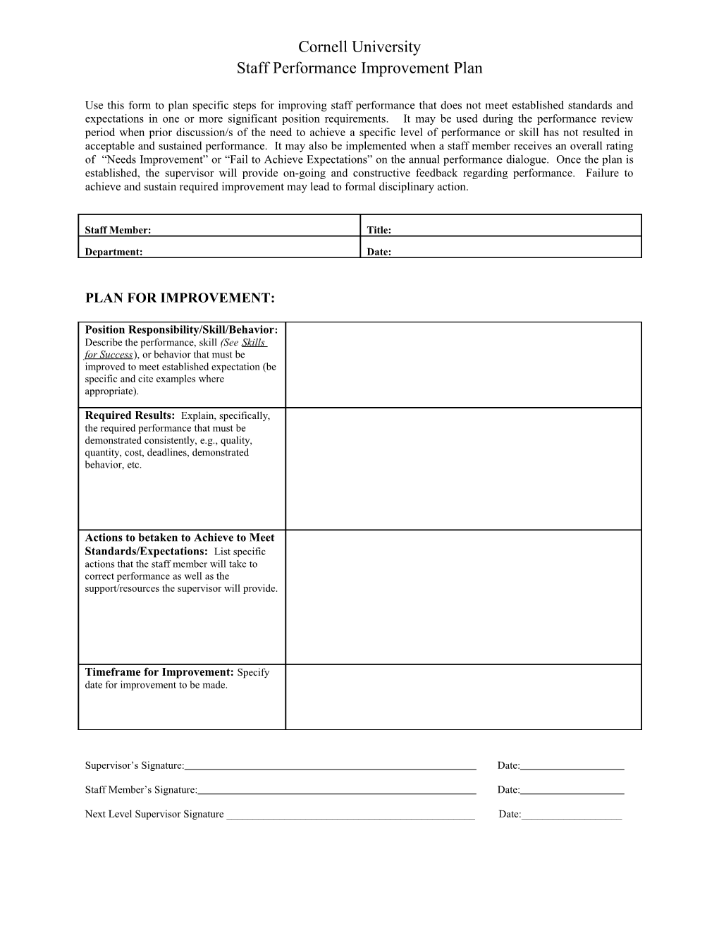 Staff Performance Improvement Plan