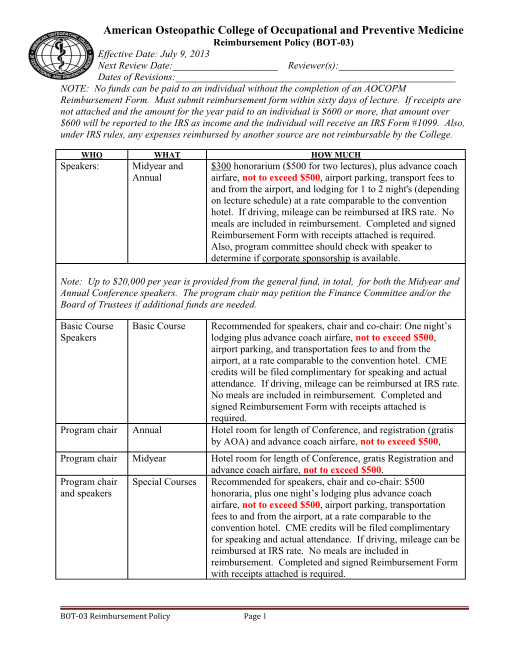 Reimbursement Policy (BOT-03)