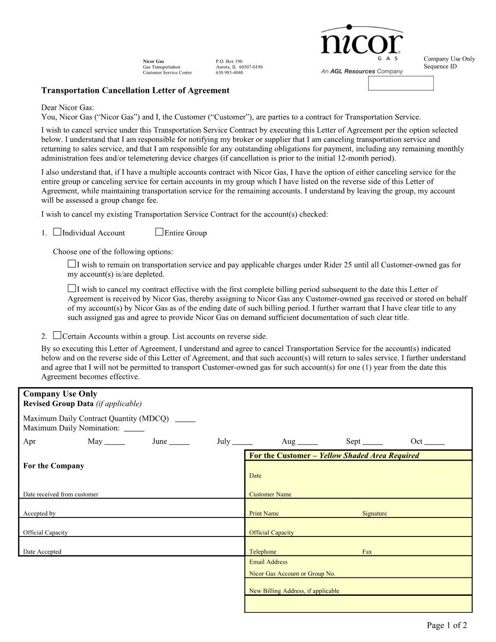 Transportation Cancellation Letter of Agreement