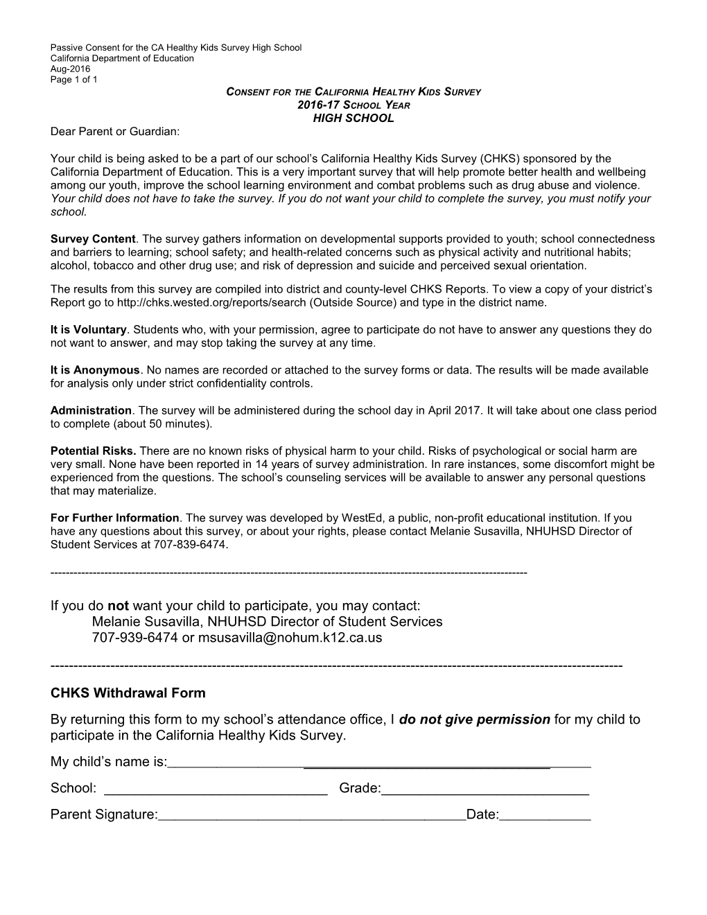 CHKS Active Consent Form High School - Research (CA Dept of Education)