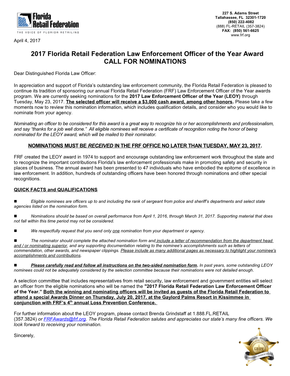 2017 Florida Retail Federation Law Enforcement Officer of the Year Award