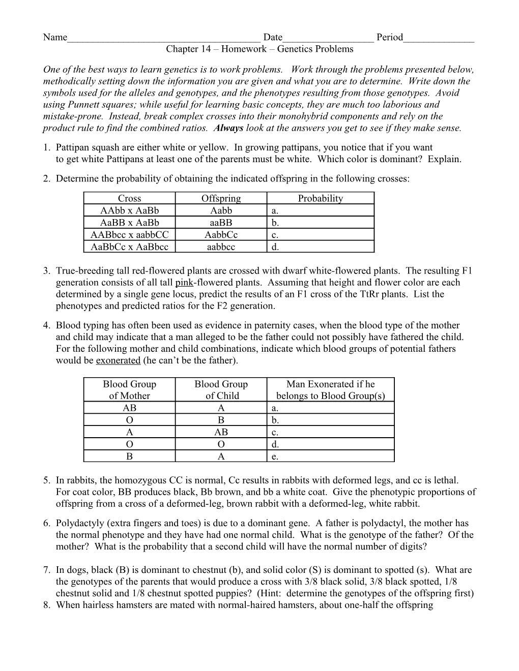 Chapter 14 Homework Genetics Problems