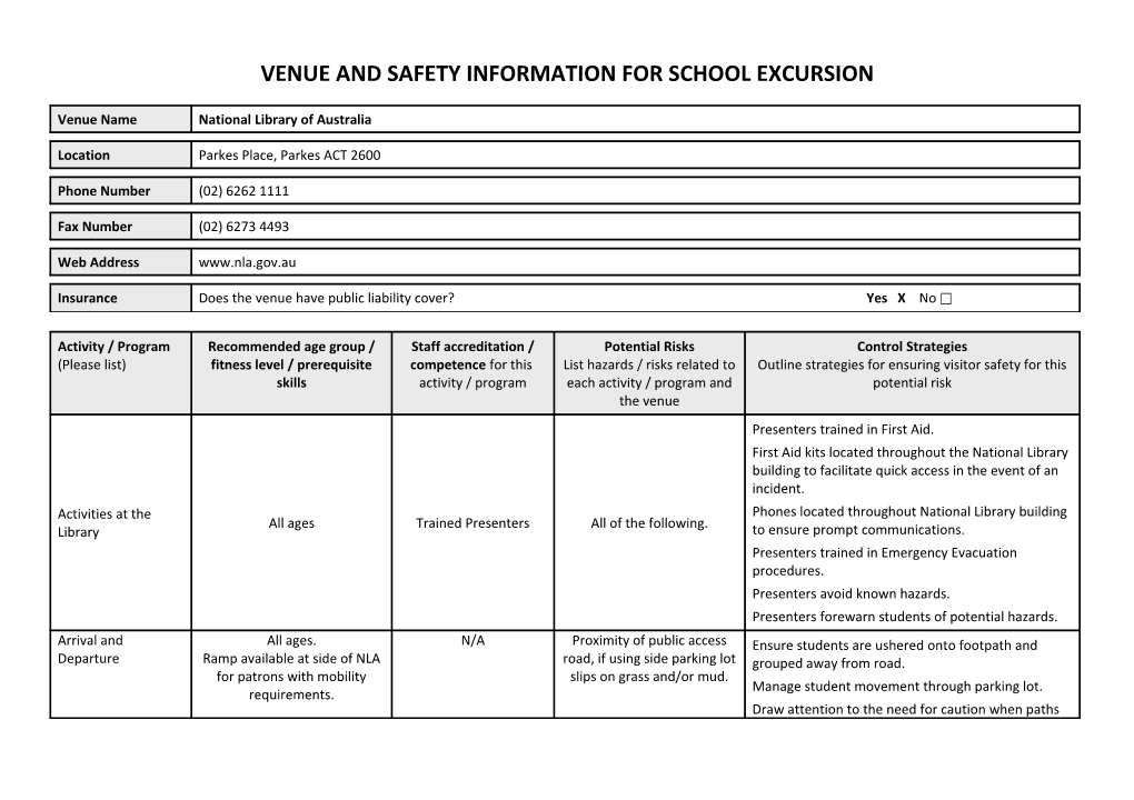 Venue and Safety Information for School Excursion