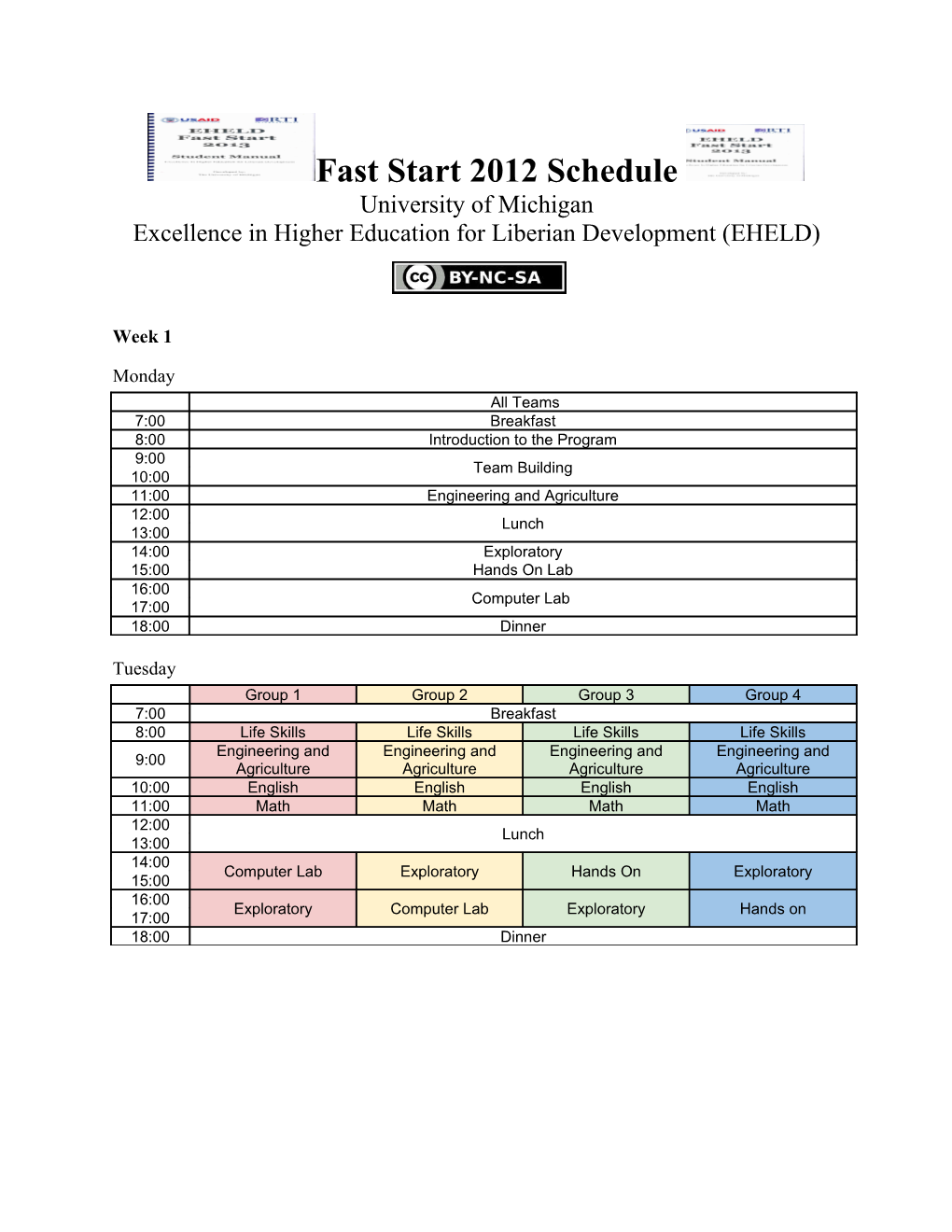 Fast Start 2012 Schedule