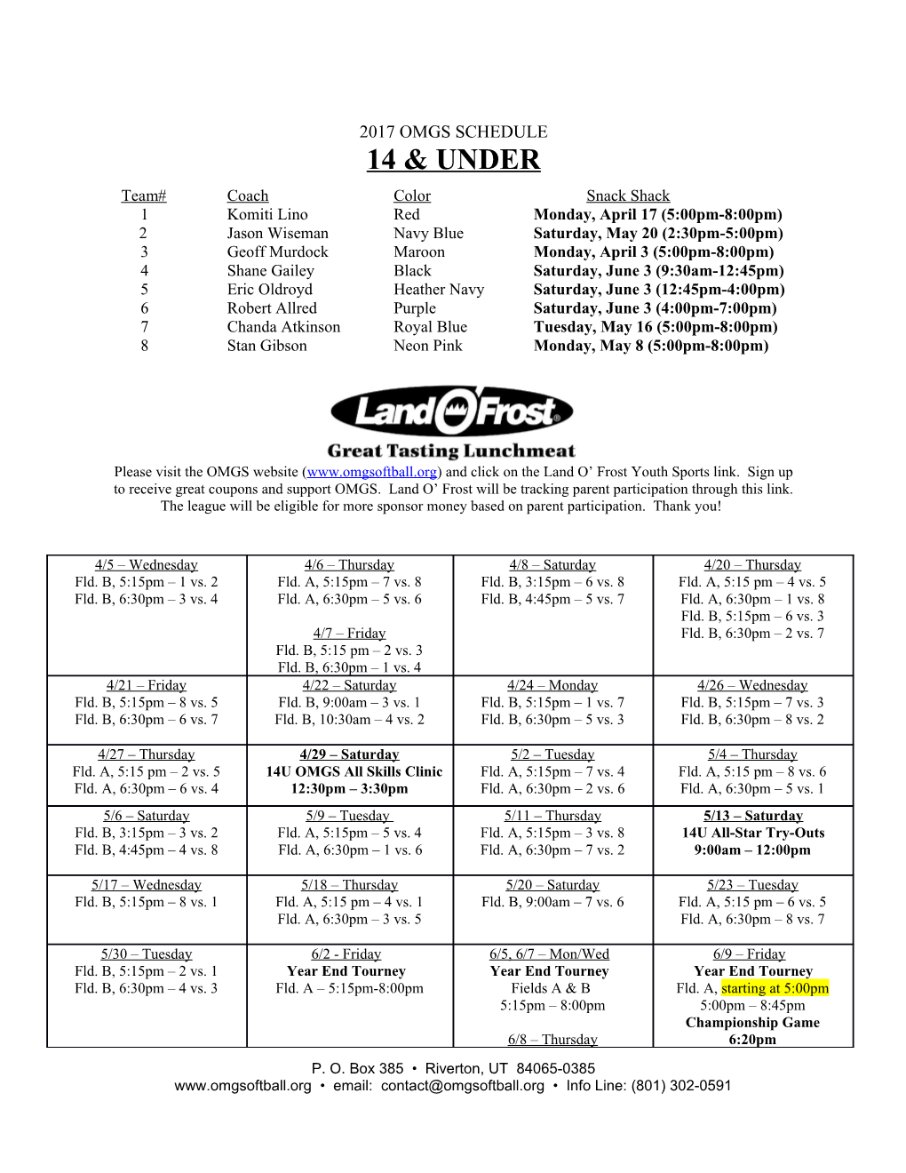 2004 OMGS Coach & Player Calendar / Information