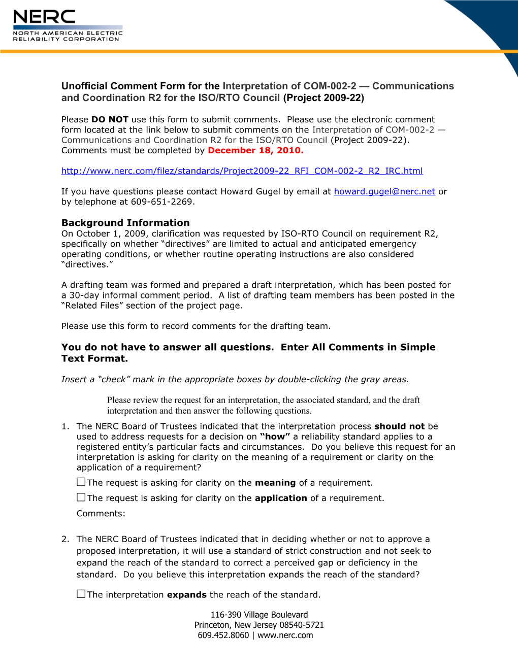 Unofficial Comment Form for the Interpretation of COM-002-2 Communications and Coordination