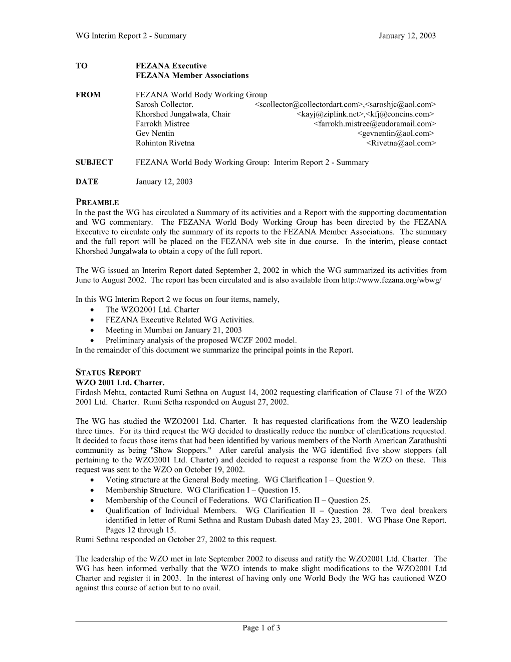 WG Interim Report 2 - Summary January 12, 2003