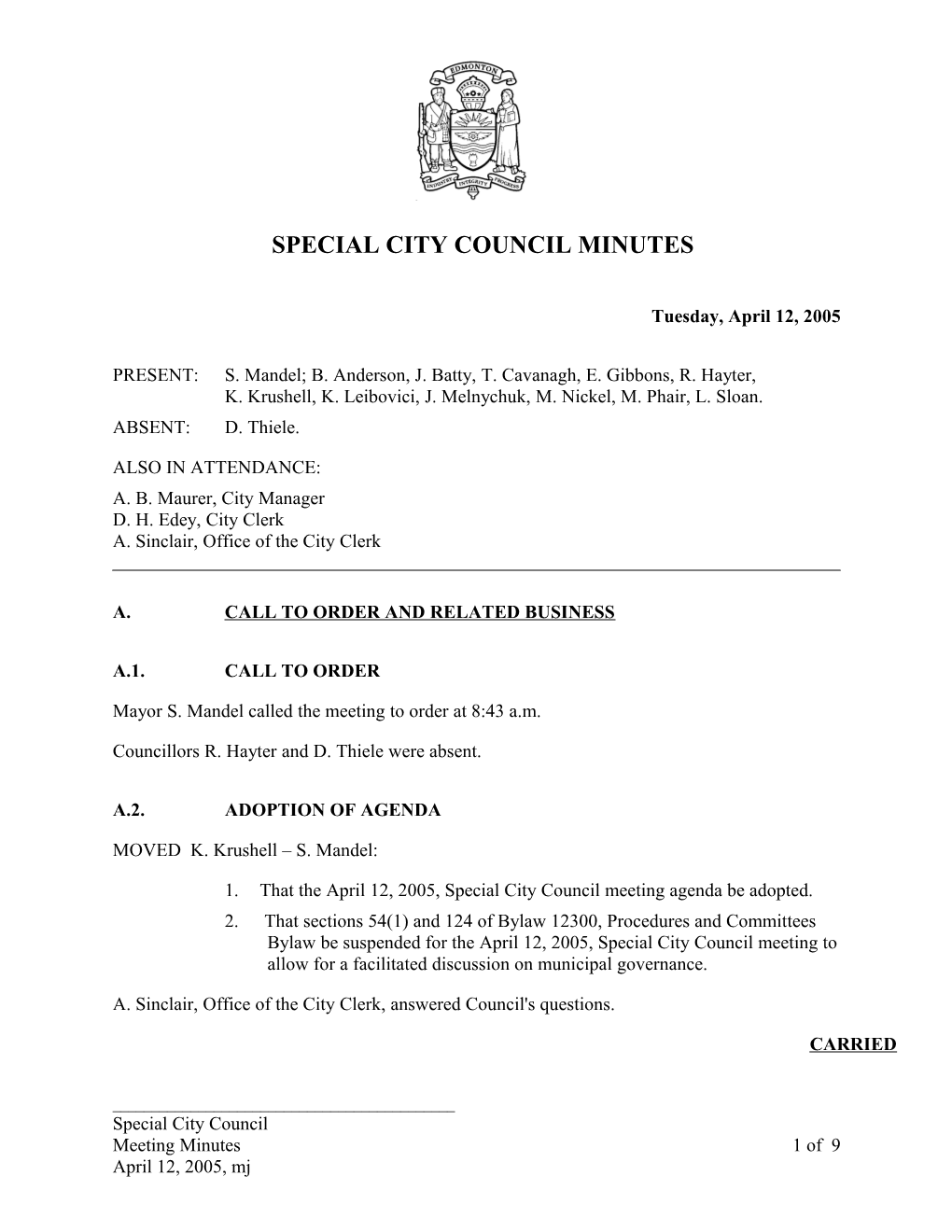 Minutes for City Council April 12, 2005 Meeting